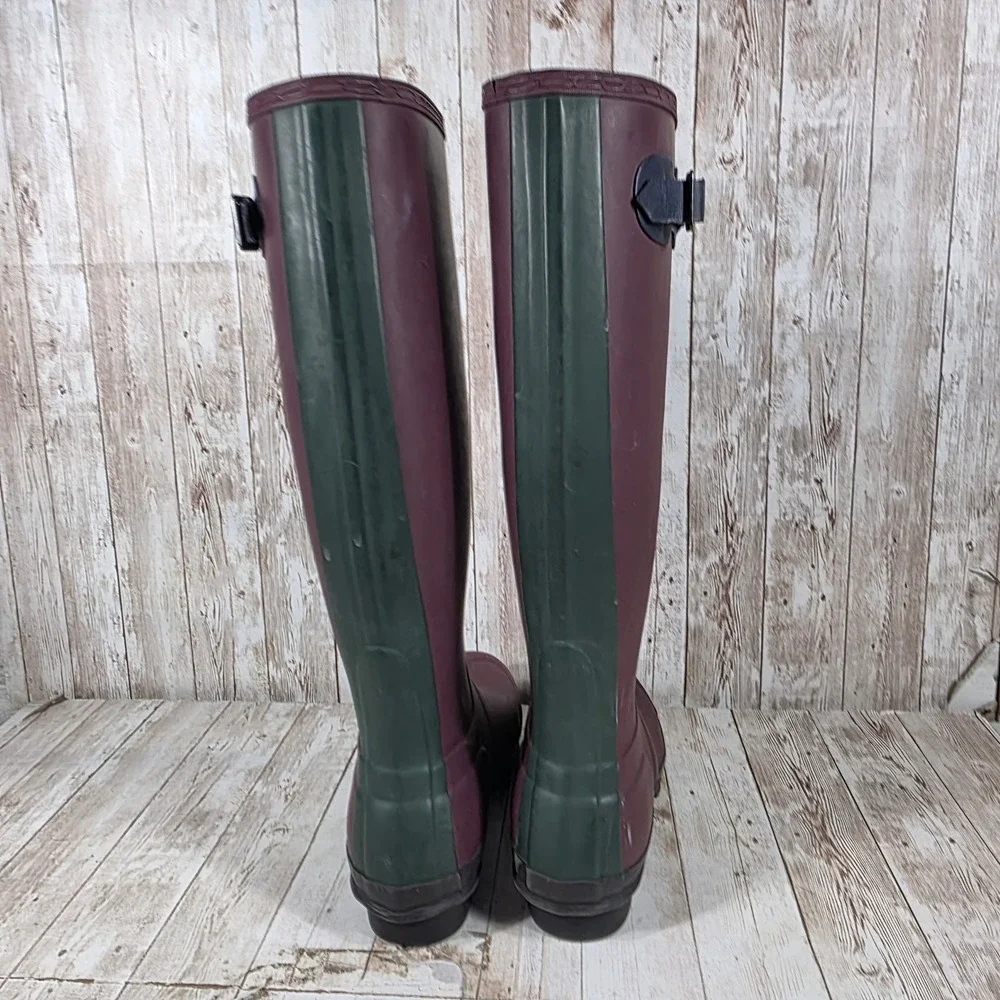 Hunter Tall Rain Boots Womens 8 Plum Burgundy Green Rubber Waterproof Wellies